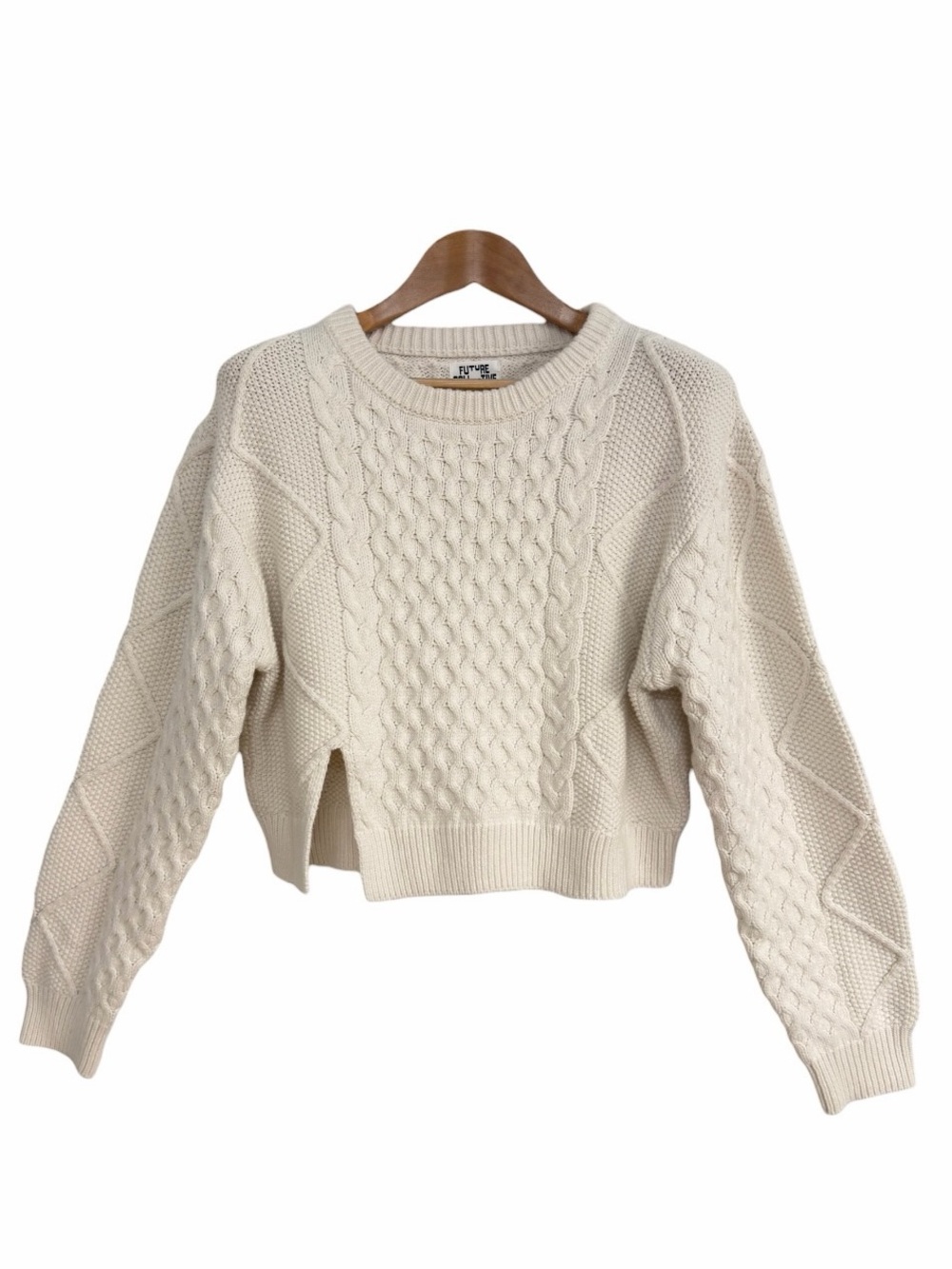 Future Collective Reese Blutstein Cropped Cable Knit Sweater White Cream Large